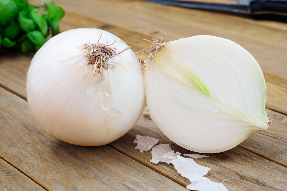 Weiße Zwiebel ganz und aufgeschnitten mit Schale